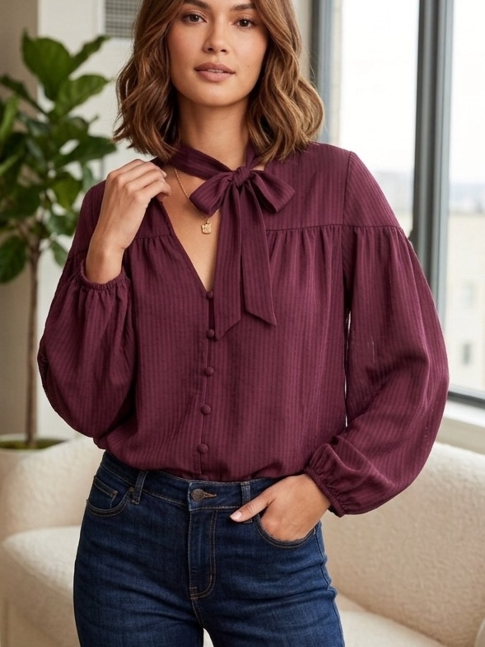 NEW Burgundy Plum Bow Tie Neck Long Balloon Sleeve Button Front Blouse Top XL